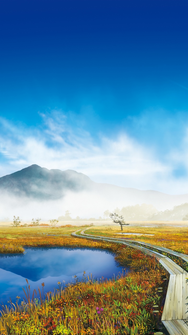 Обои природа, гидроресурсы, сенокосное угодье, утро, пейзажи гор в разрешении 720x1280