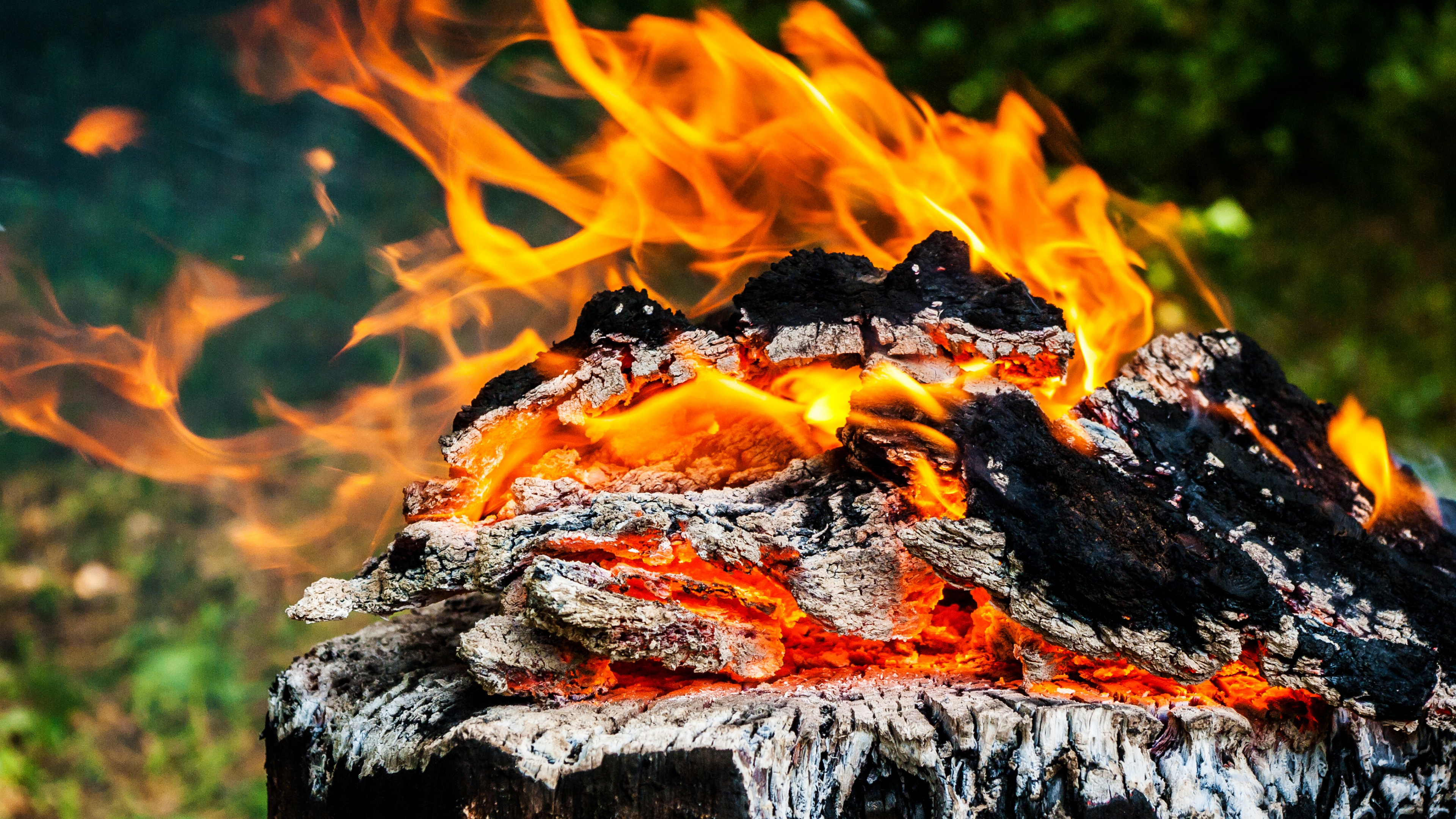 Обои древесный уголь, огонь, зола, костер, дерево в разрешении 3840x2160