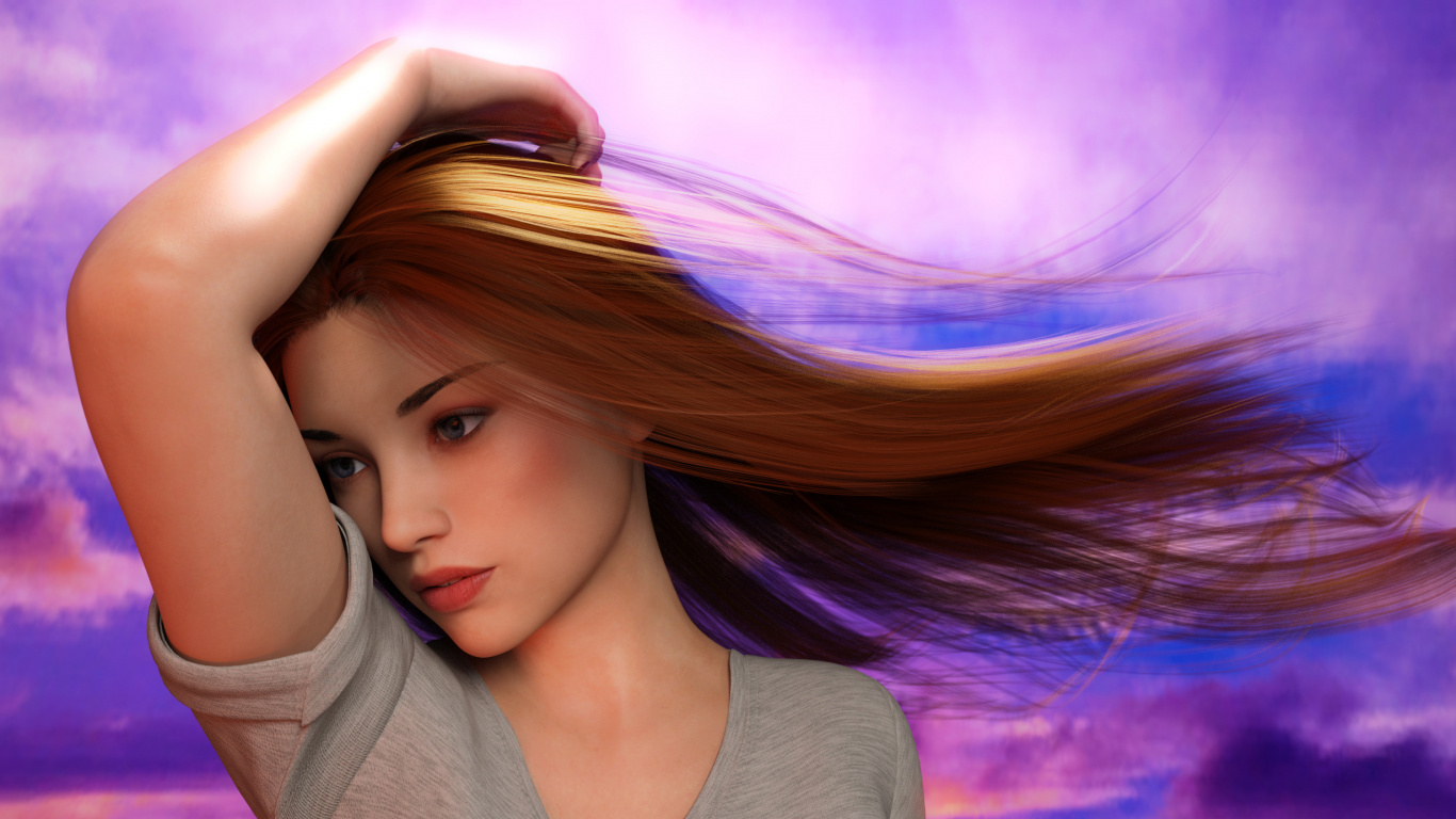 Обои цифровое искусство, арт, живопись, волосы, лицо в разрешении 1366x768