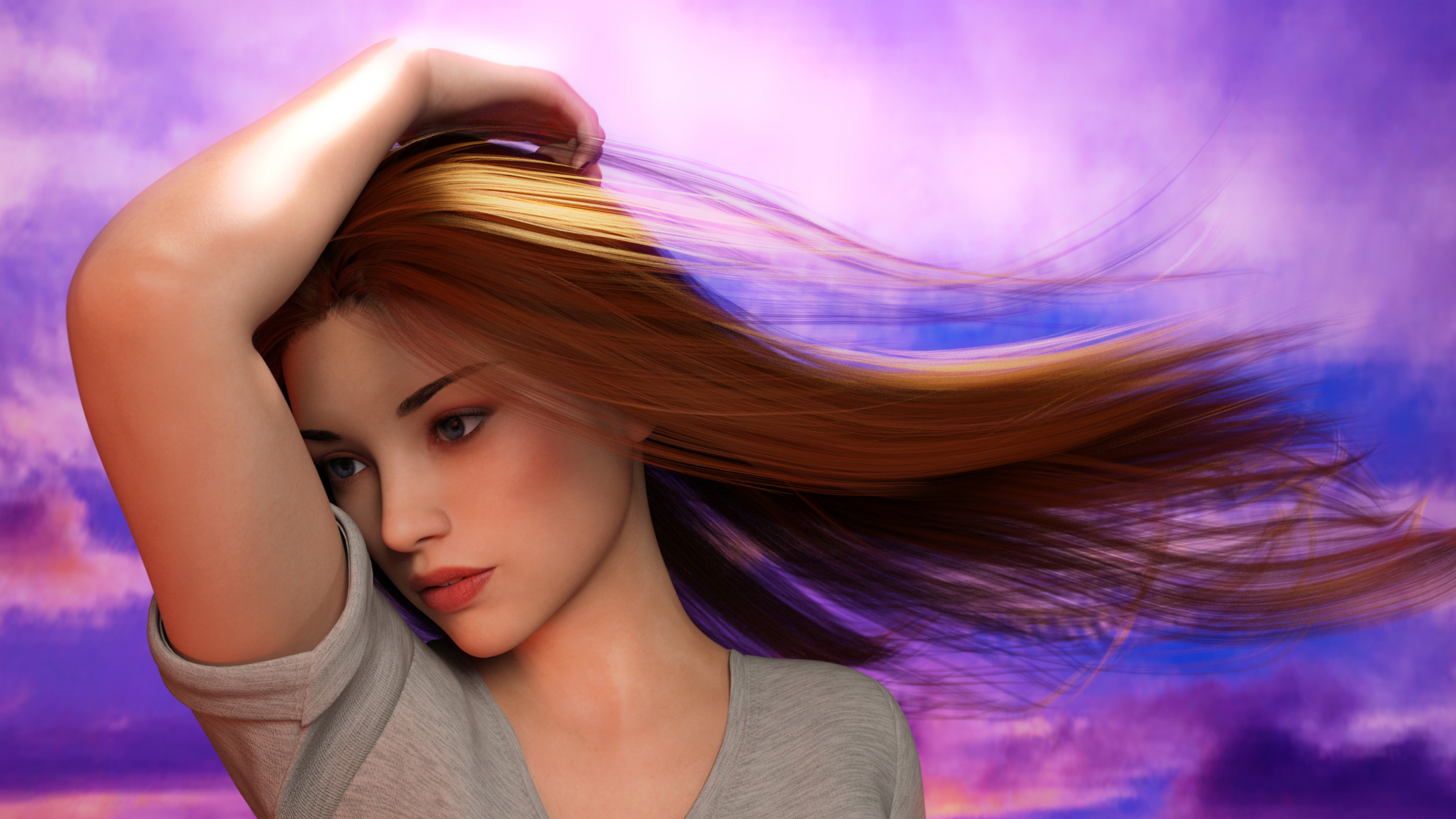 Обои цифровое искусство, арт, живопись, волосы, лицо в разрешении 2560x1440