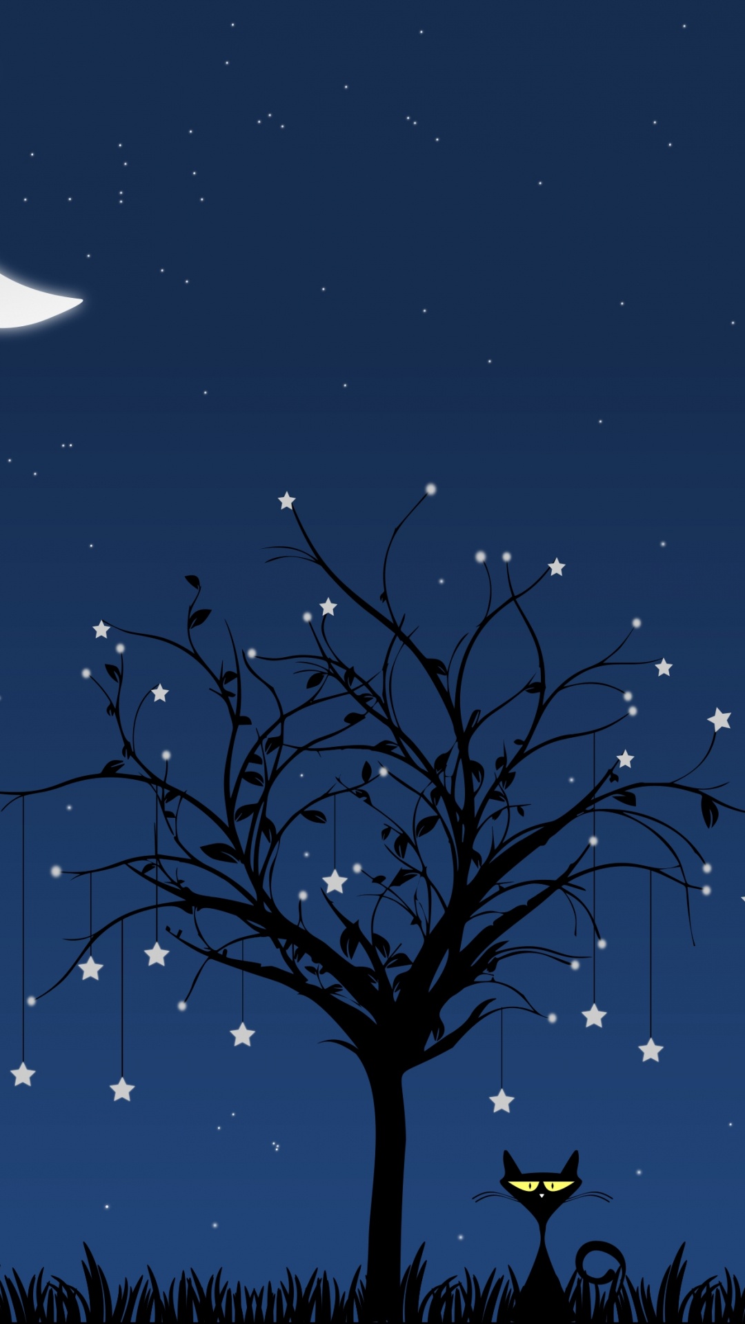 Обои ночь, синий, дерево, природный ландшафт, луна в разрешении 1080x1920
