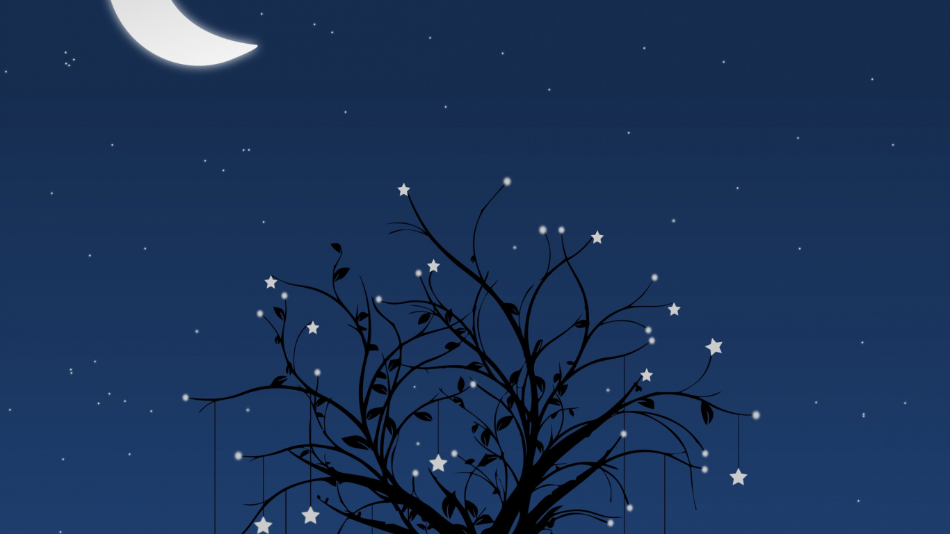 Обои ночь, синий, дерево, природный ландшафт, луна в разрешении 1366x768