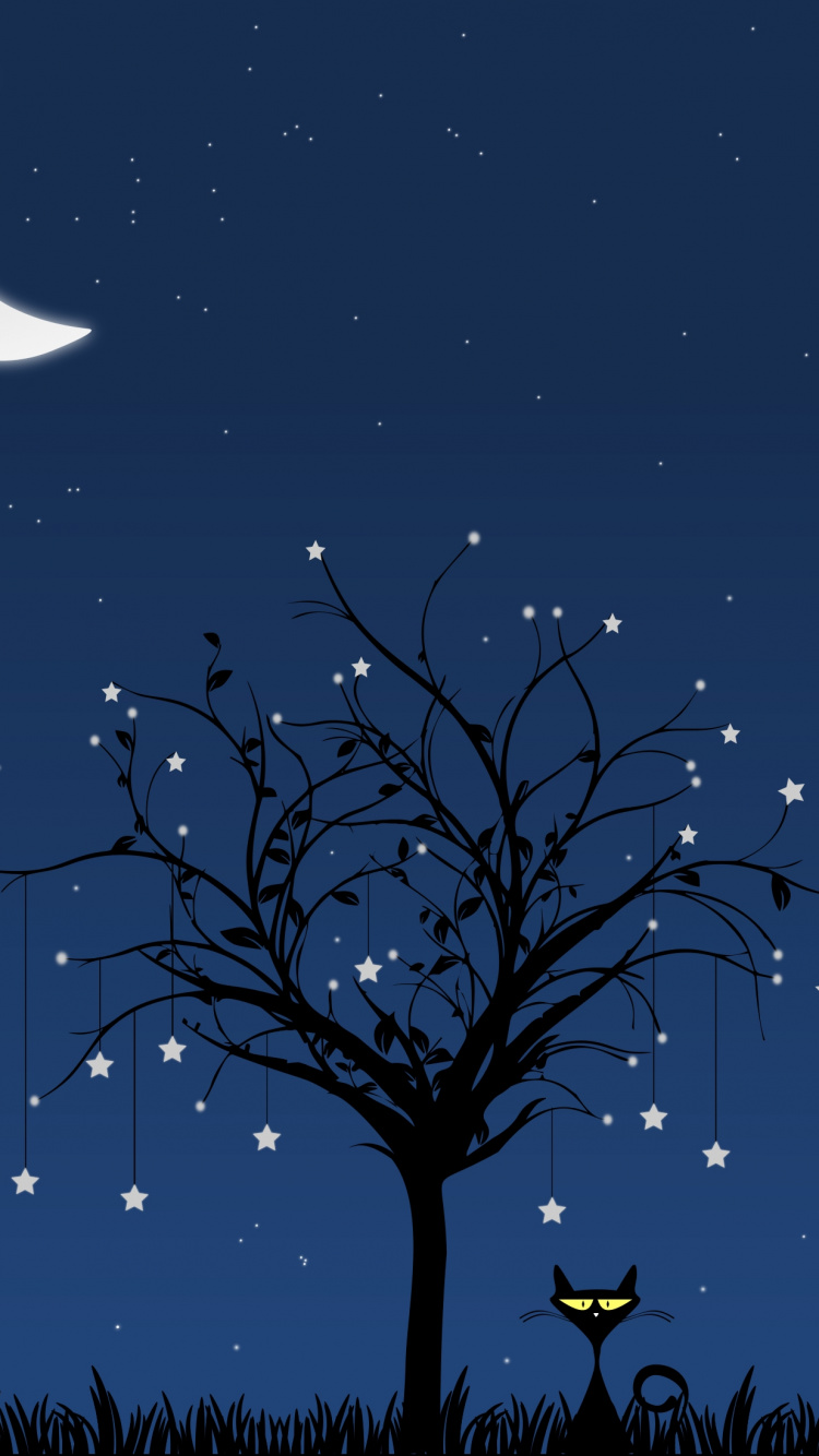 Обои ночь, синий, дерево, природный ландшафт, луна в разрешении 750x1334