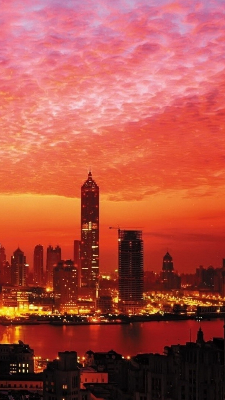 Обои городской пейзаж, город, линия горизонта, метрополия, послесвечение в разрешении 750x1334