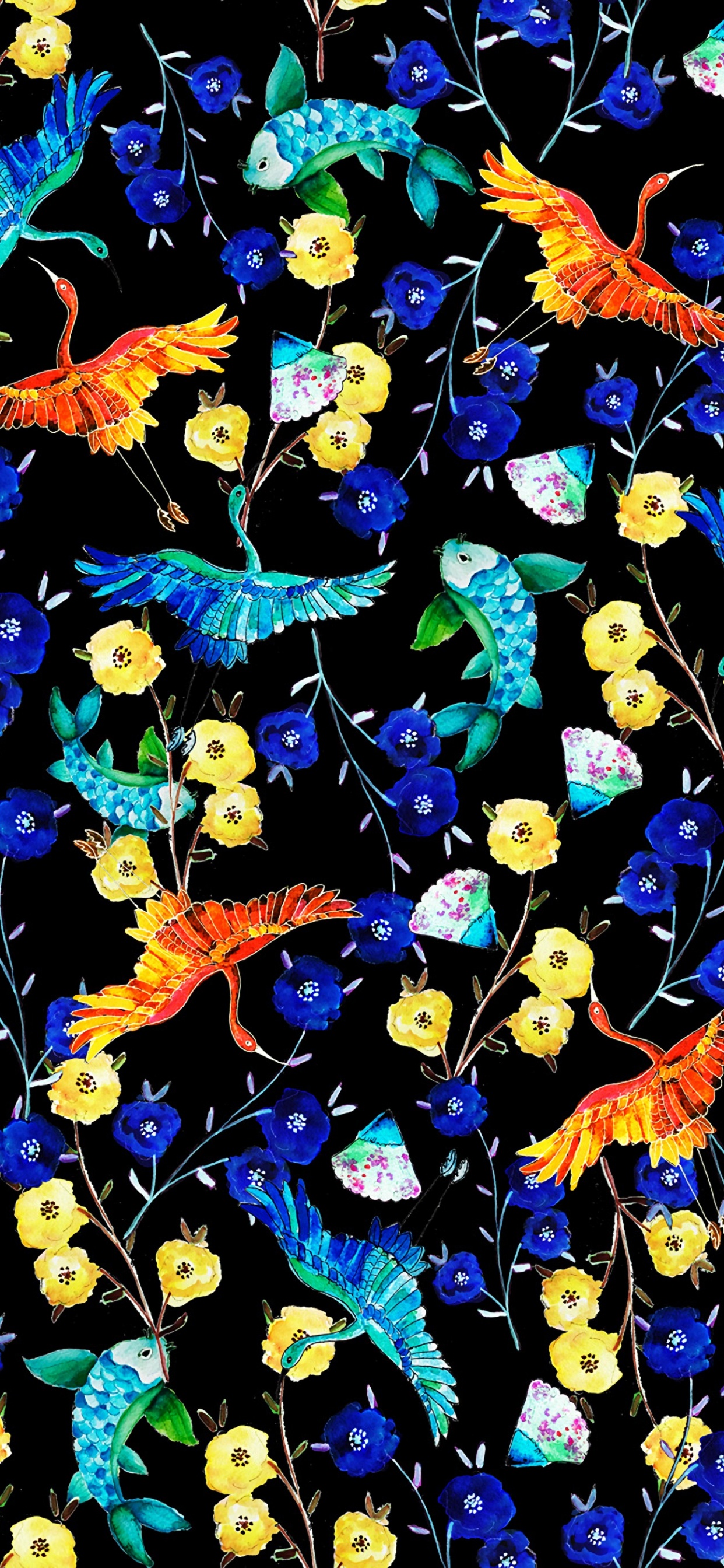 Обои дизайн, живопись, синий кобальт, узор, стекло в разрешении 1242x2688