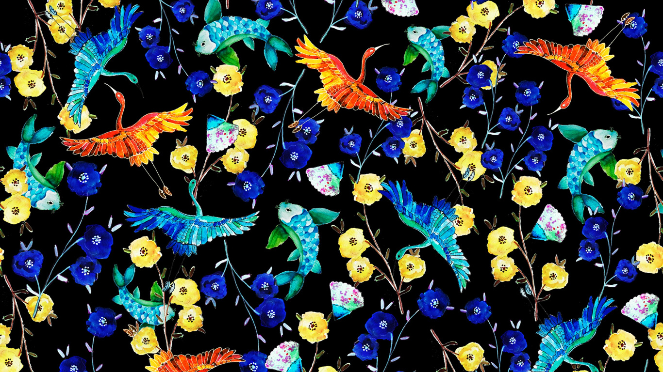 Обои дизайн, живопись, синий кобальт, узор, стекло в разрешении 1366x768