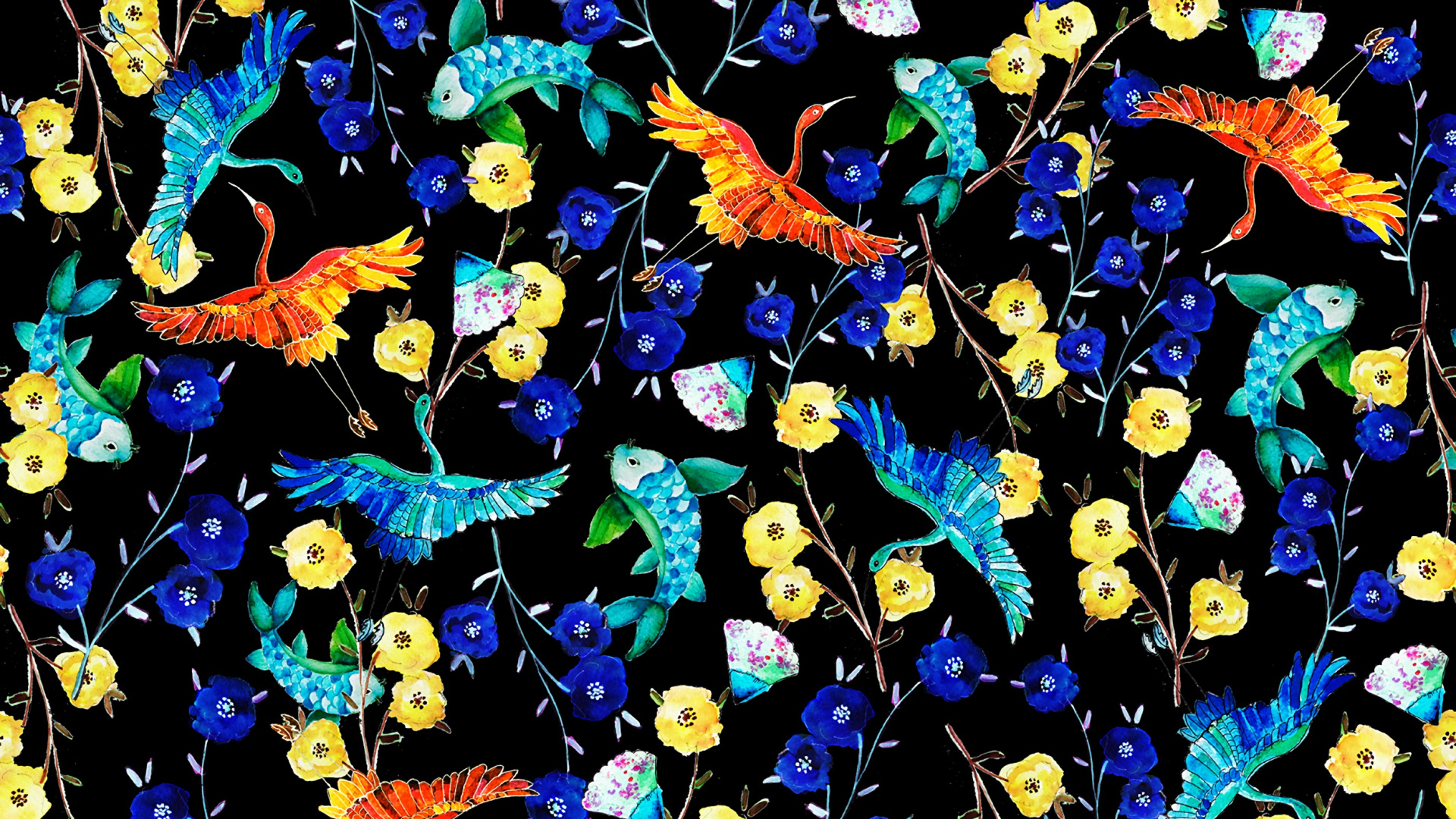 Обои дизайн, живопись, синий кобальт, узор, стекло в разрешении 1920x1080