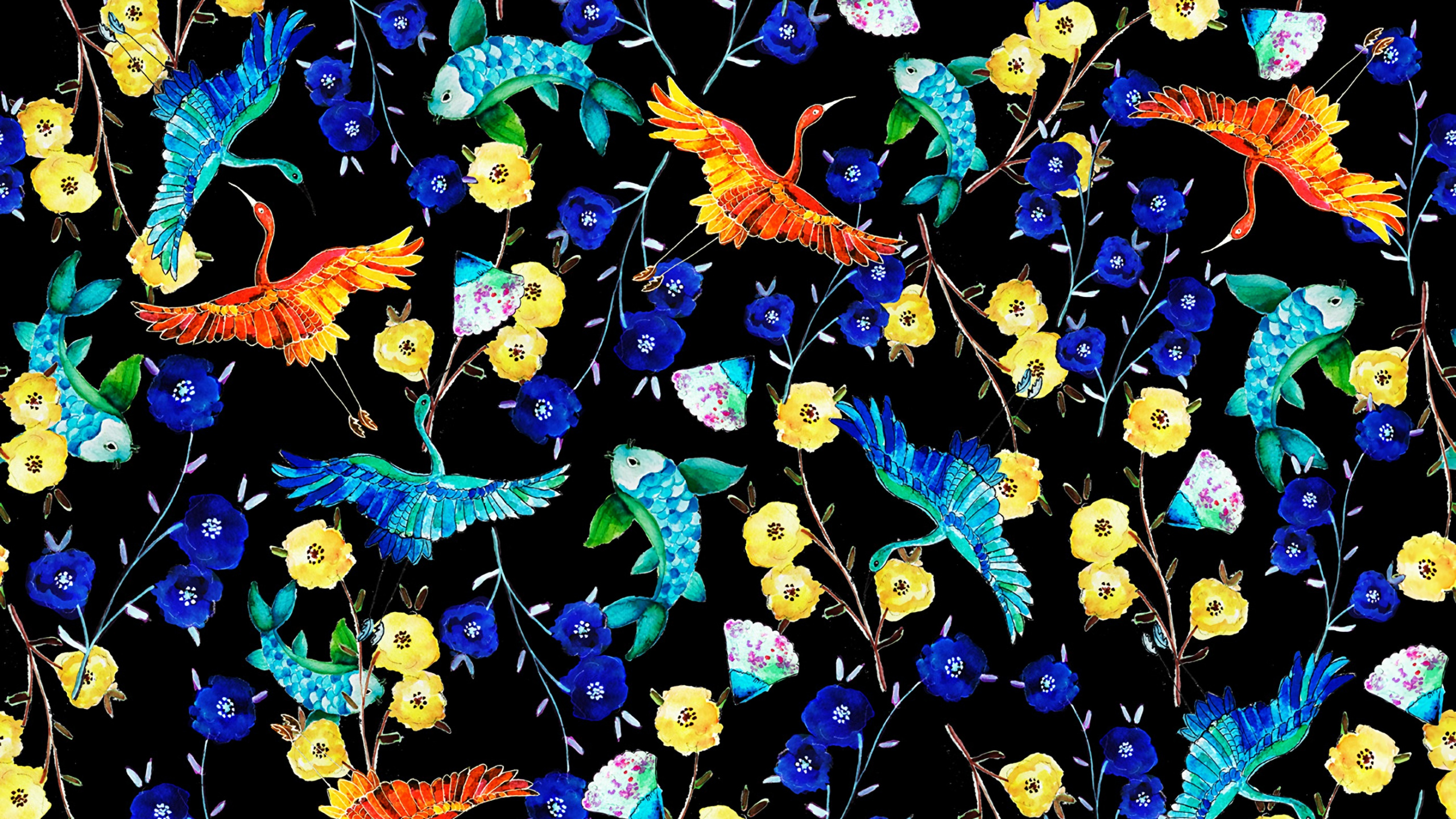 Обои дизайн, живопись, синий кобальт, узор, стекло в разрешении 2560x1440