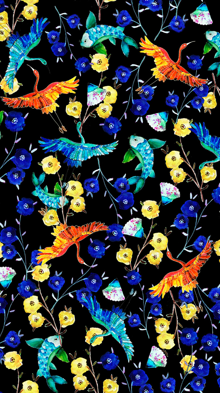 Обои дизайн, живопись, синий кобальт, узор, стекло в разрешении 750x1334