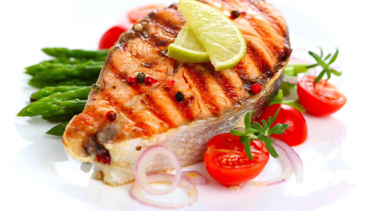 Обои рыбный стейк, лосось, овощ, пища, рецепт в разрешении 1280x720