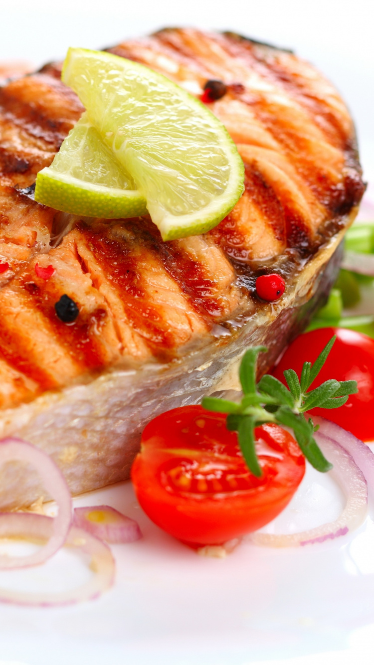 Обои рыбный стейк, лосось, овощ, пища, рецепт в разрешении 750x1334