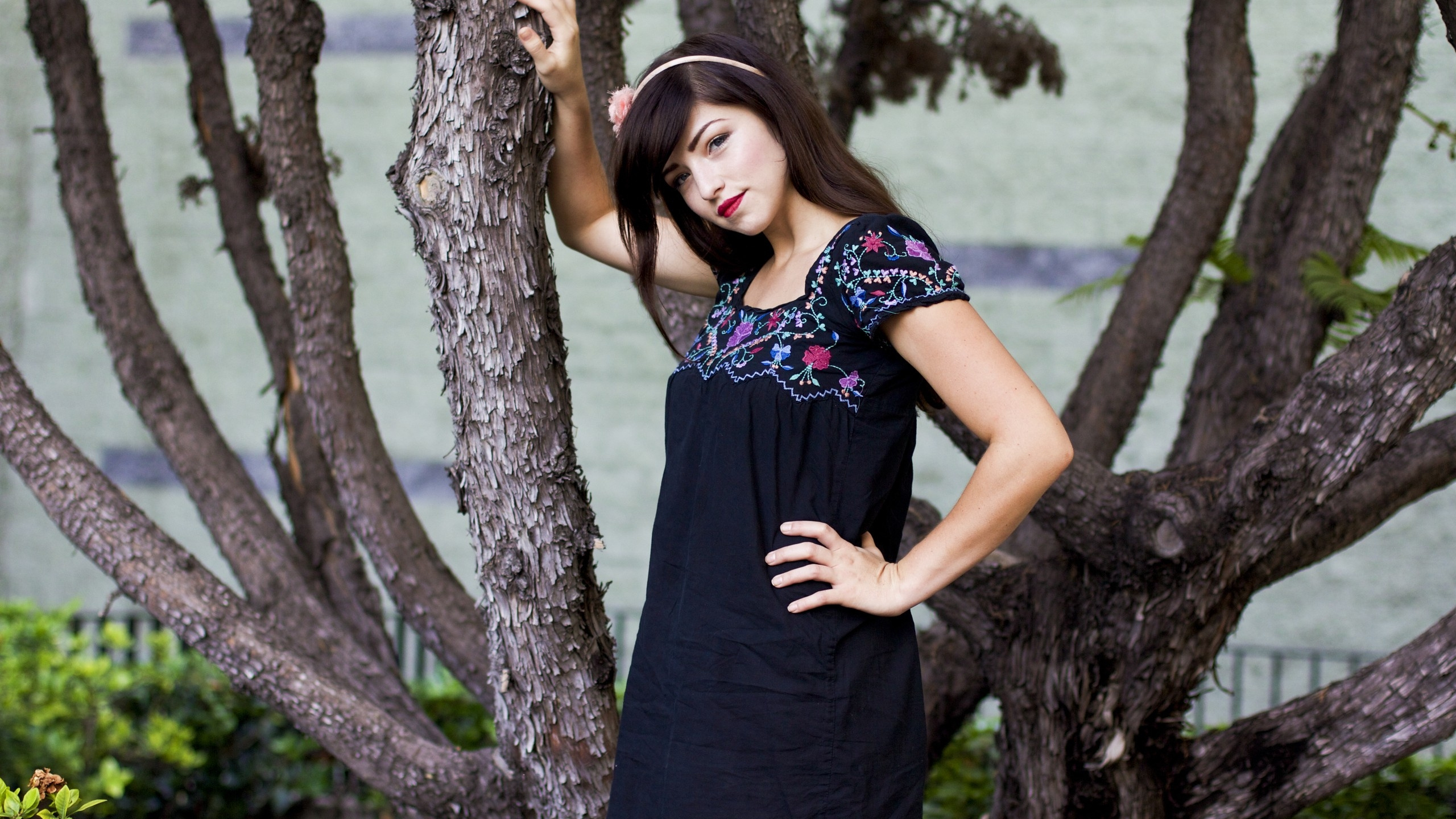 Обои красота, дерево, модель, плечо, леди в разрешении 2560x1440