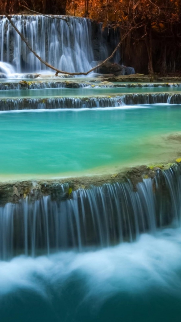 Обои Куанг Si Водопад, водопад, водоем, гидроресурсы, природа в разрешении 750x1334