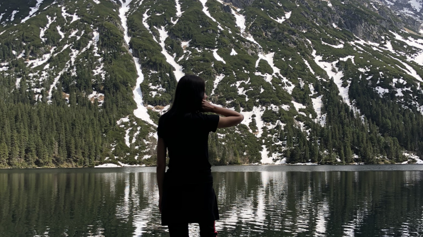 Обои отражение, вода, водоем, зима, горный рельеф в разрешении 1366x768