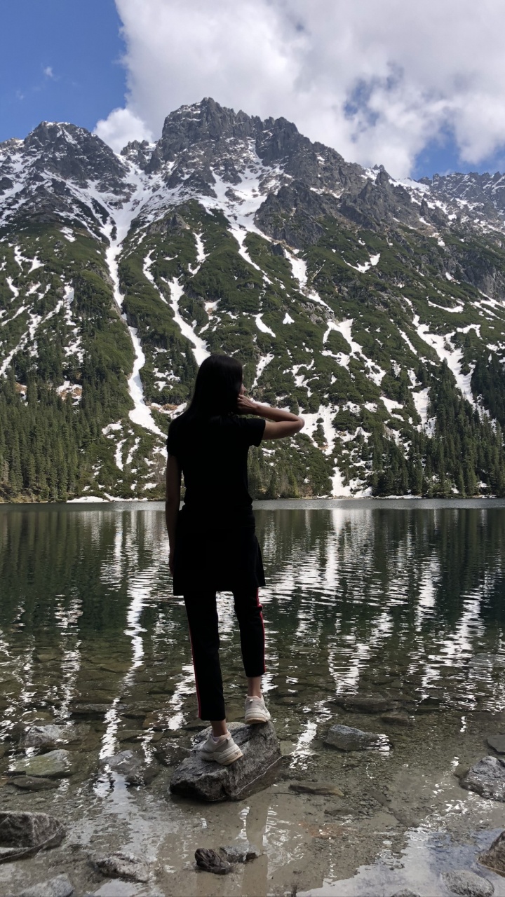 Обои отражение, вода, водоем, зима, горный рельеф в разрешении 720x1280