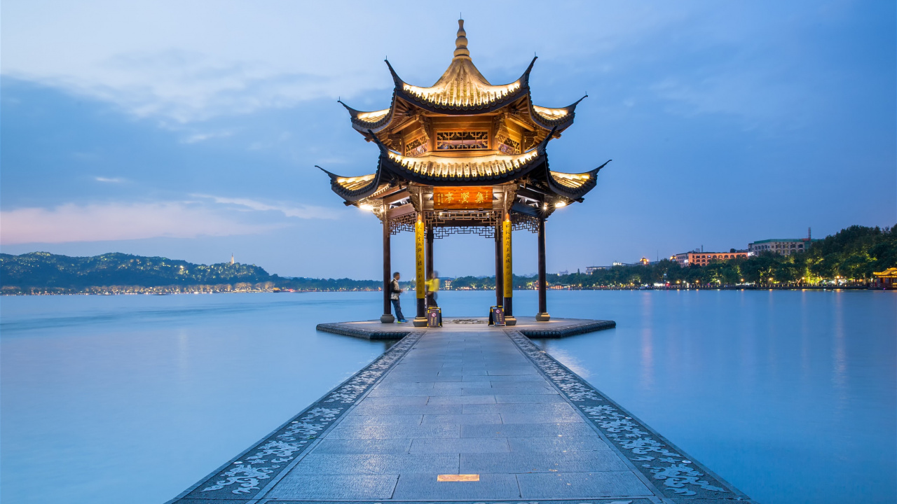 Обои западное озеро, путешествие, озеро, китайская архитектура, ориентир в разрешении 1280x720