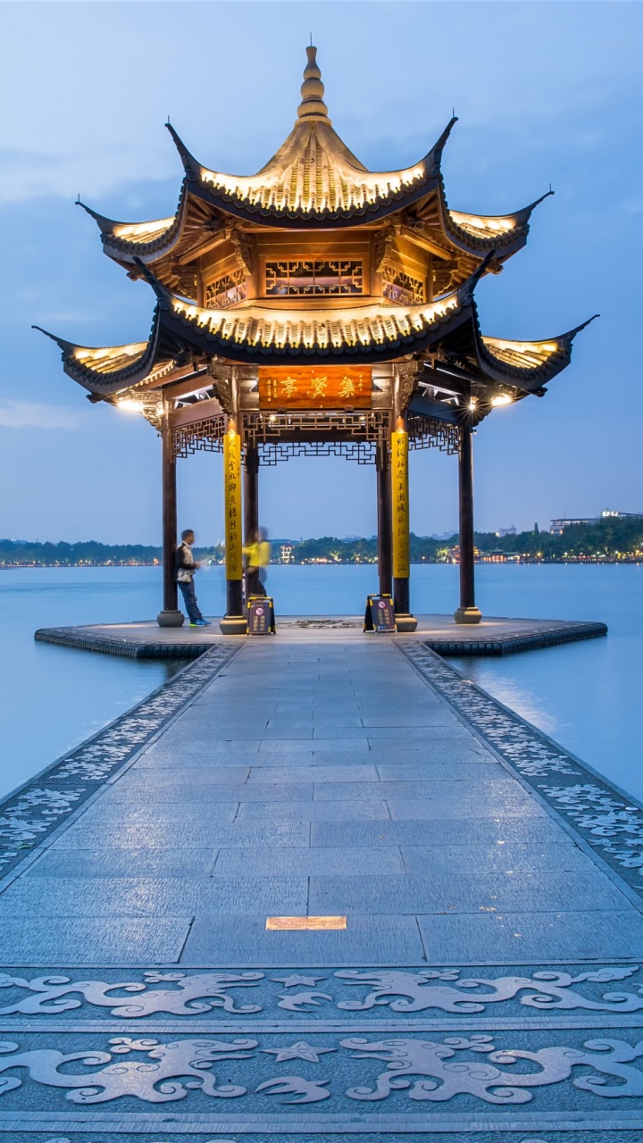 Обои западное озеро, путешествие, озеро, китайская архитектура, ориентир в разрешении 720x1280
