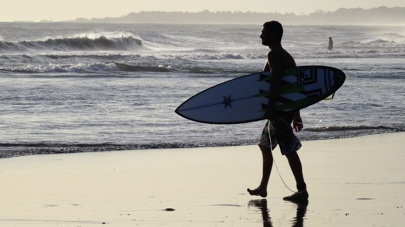 Обои серфинг, пляж, доска, волна, ветровая волна в разрешении 1366x768