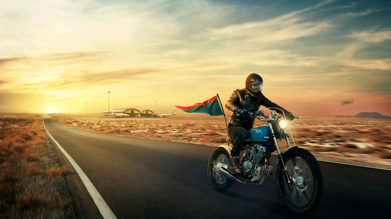 Обои мотоцикл, кастомный мотоцикл, облако, дорога, мотоспорт в разрешении 1280x720