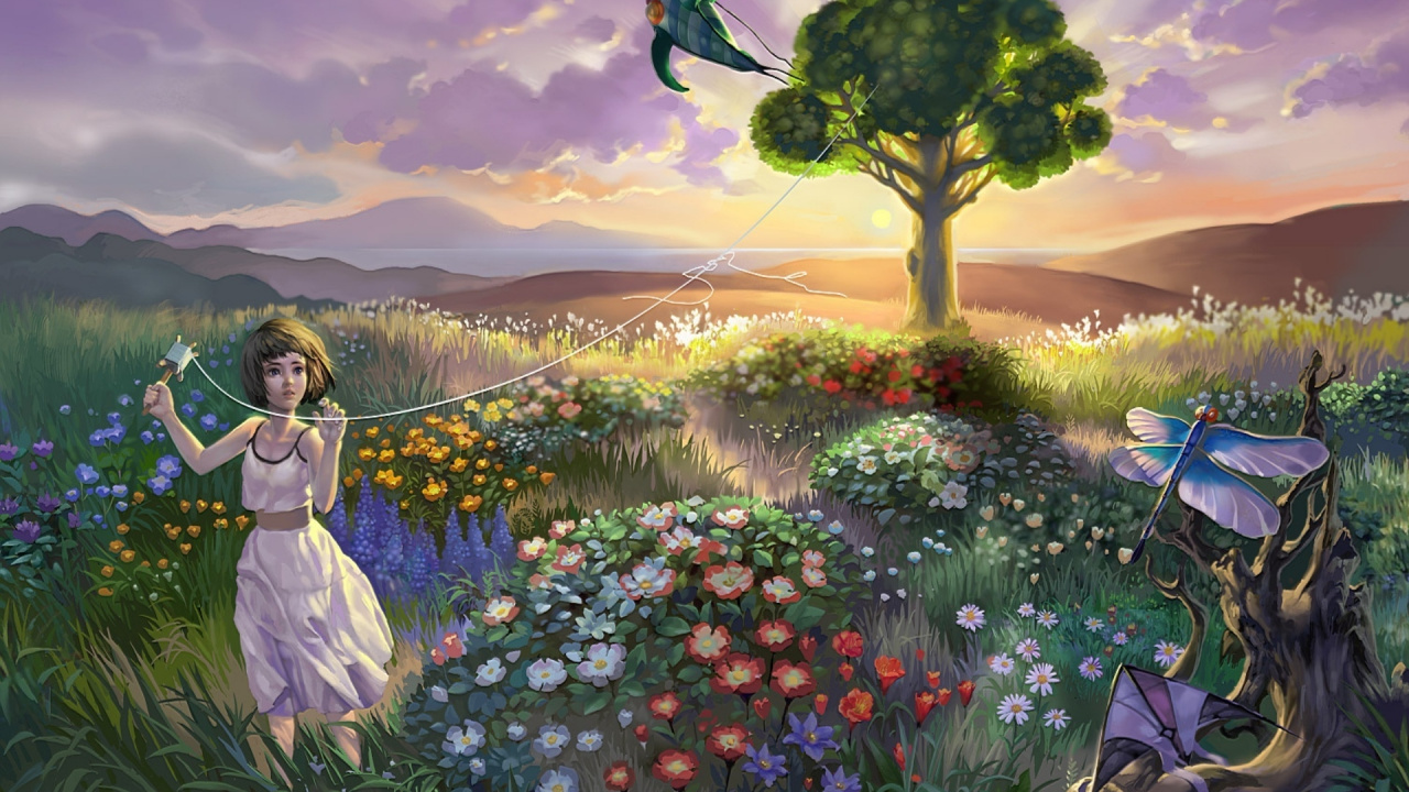 Обои живопись, весна, луг, полевой цветок, ребенок в разрешении 1280x720