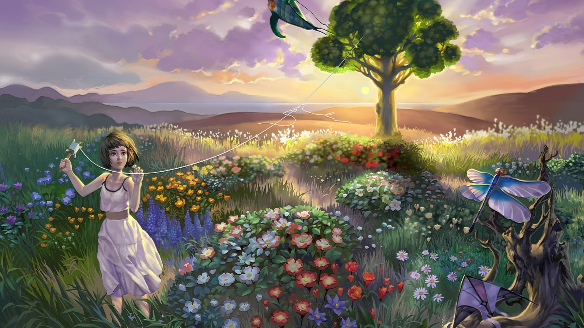 Обои живопись, весна, луг, полевой цветок, ребенок в разрешении 1920x1080