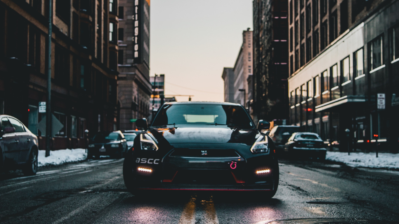 Обои авто, спорткар, nissan skyline, суперкар, городской район в разрешении 1366x768