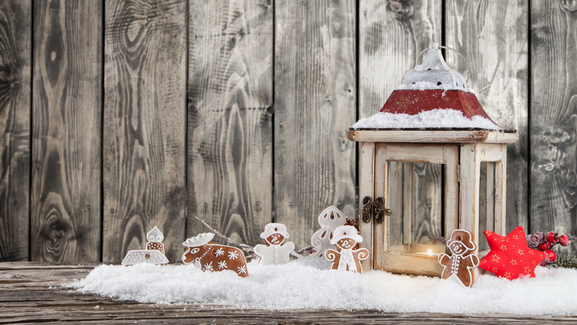 Обои Рождественский день, фонарь, Рождественские огни, снег, зима в разрешении 1920x1080