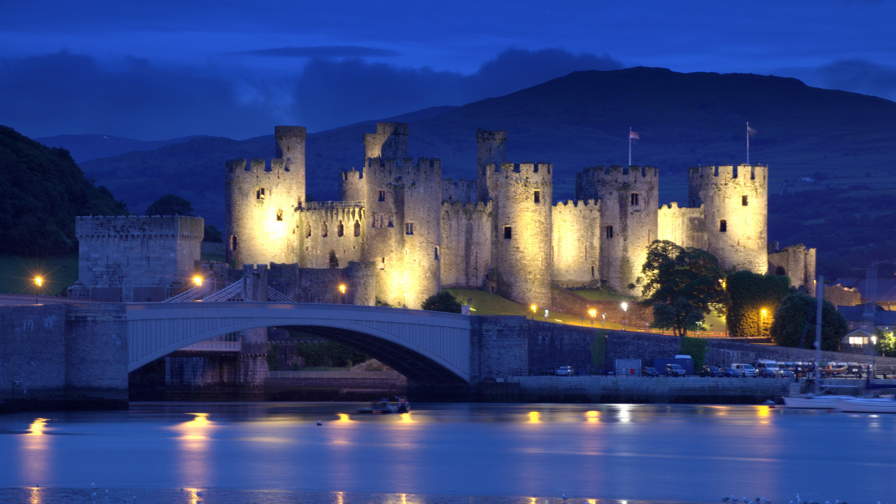 Обои Замок Конви, замок, Замковый мост, ночь, ориентир в разрешении 1280x720