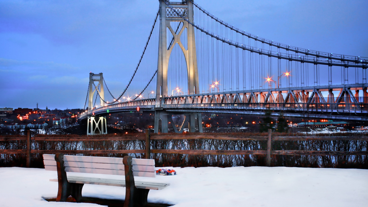 Обои подвесной мост, снег, вода, река Гудзон, вечер в разрешении 1280x720