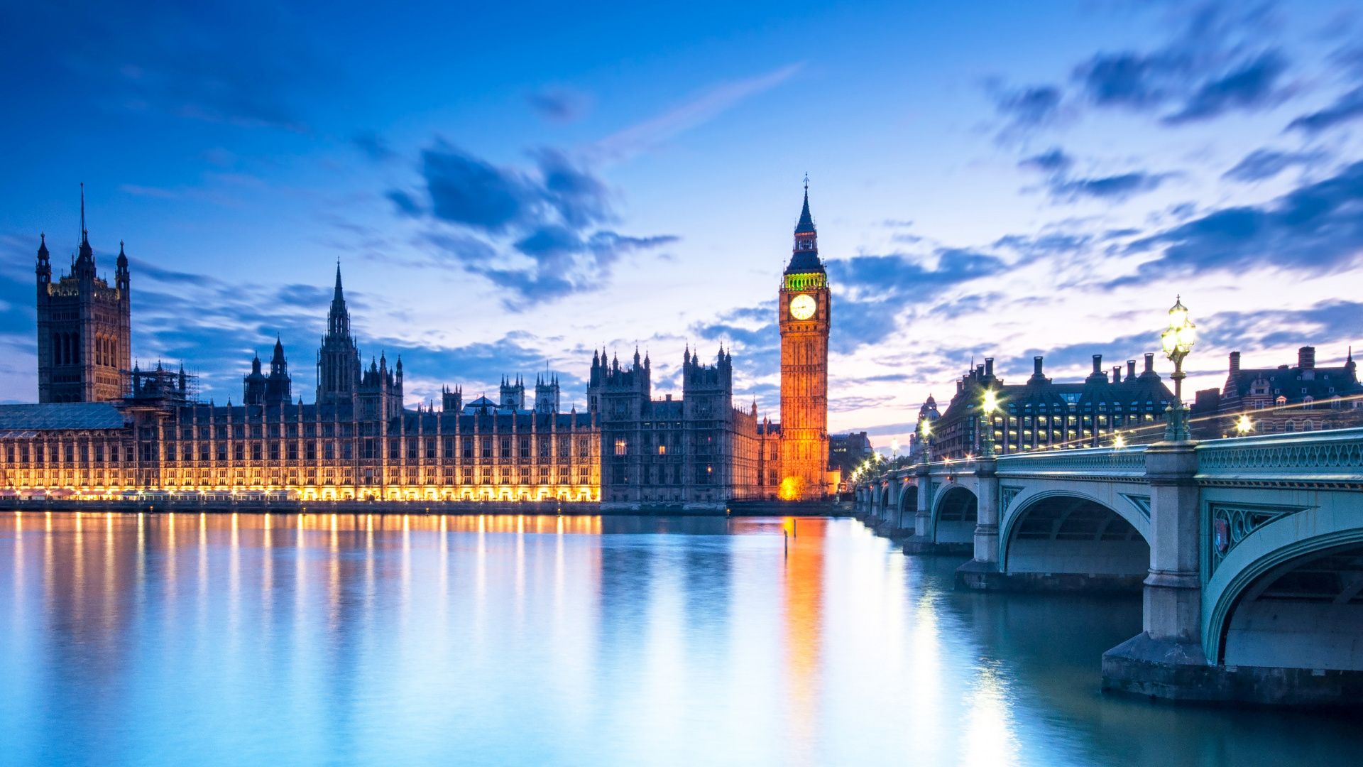 Обои здание парламента, вестминстерский дворец, Биг Бен, ориентир, отражение в разрешении 1920x1080