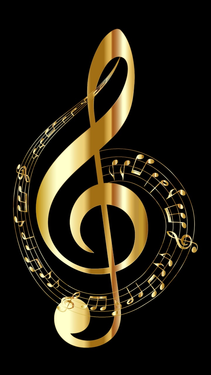 Обои золотой скрипичный ключ, музыкальная нота, фортепьяно, мелодия, высокие частоты в разрешении 720x1280