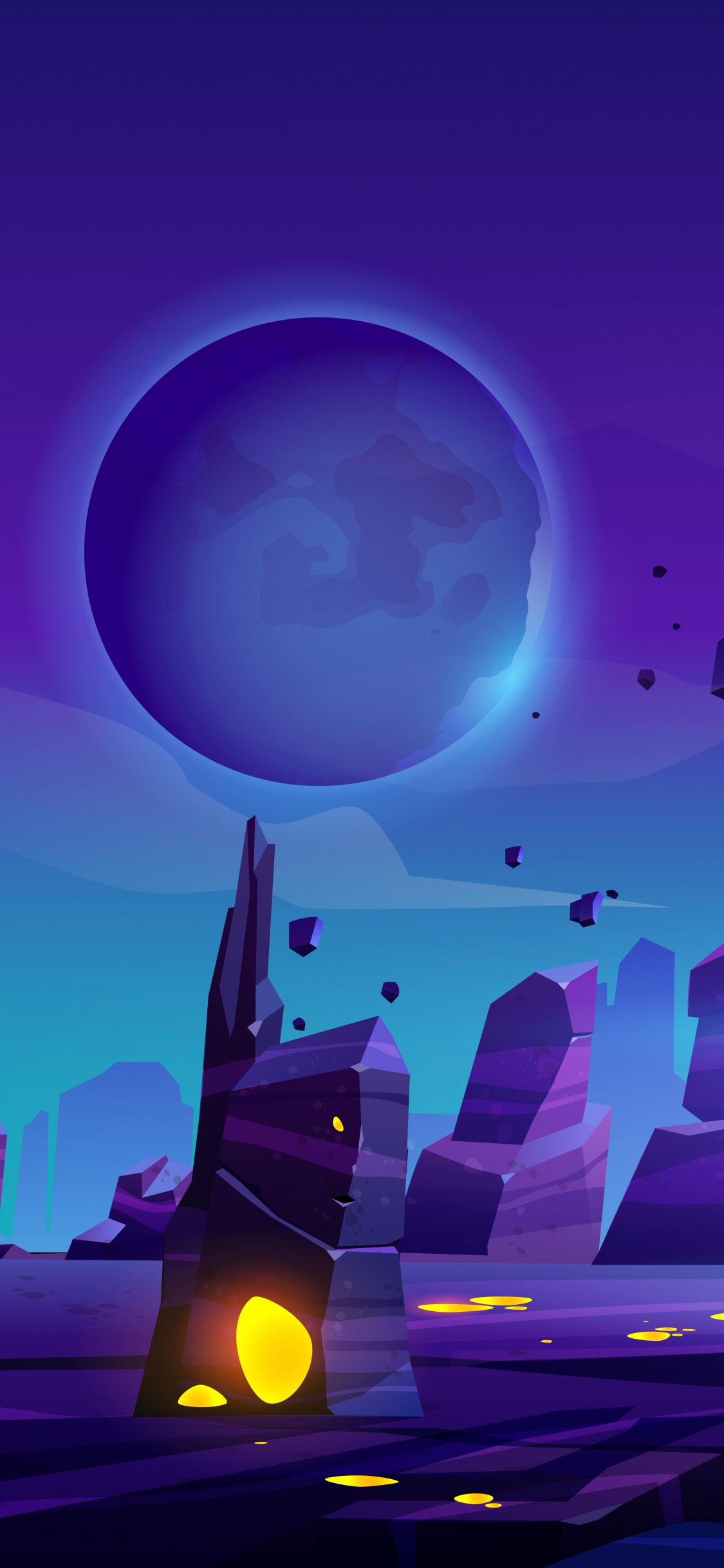 Обои иллюстрация, планета, векторная графика, мультфильм, внеземная жизнь в разрешении 1125x2436