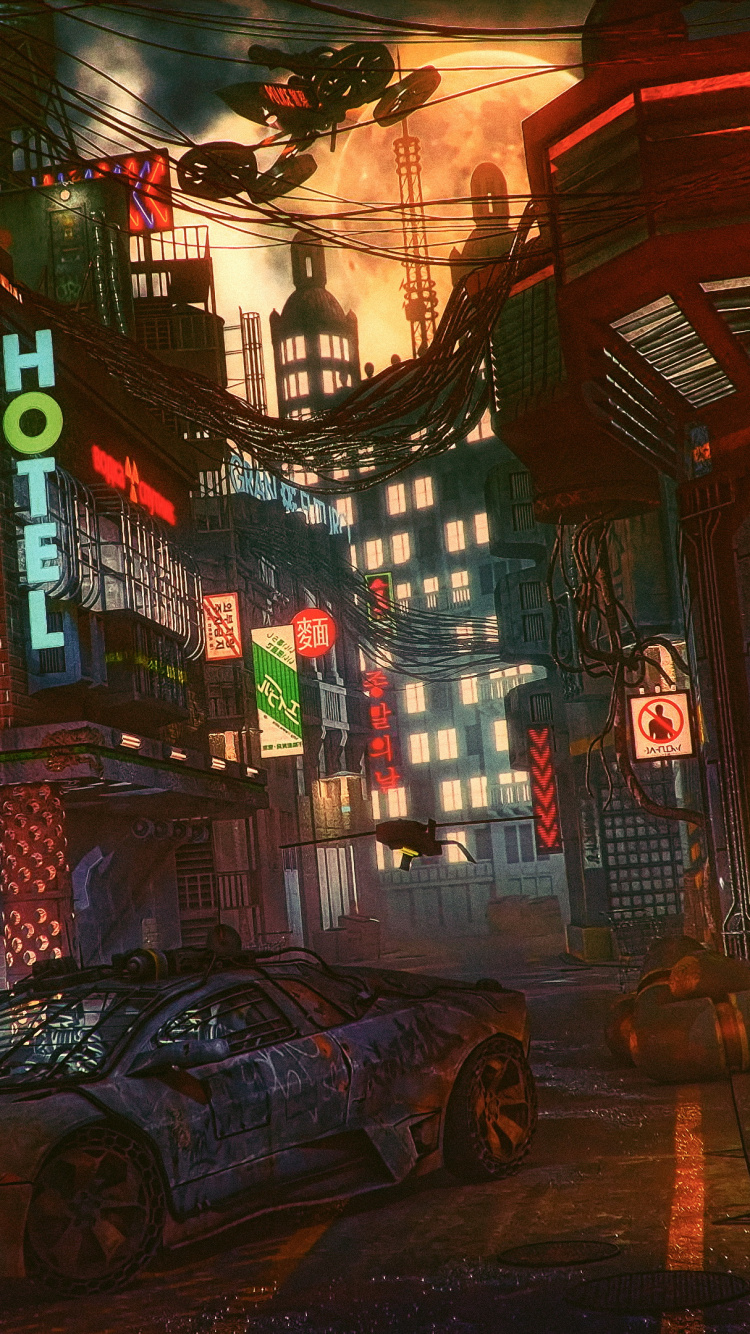 Обои футуристический кибер-город, Научная фантастика, Киберпанк, арт, артист в разрешении 750x1334