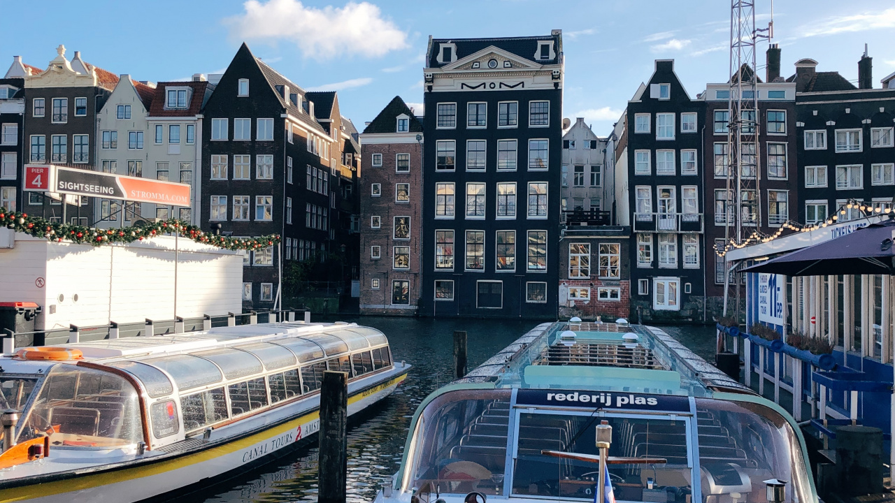 Обои Амстердам, вода, водоем, водный путь, судно в разрешении 1280x720