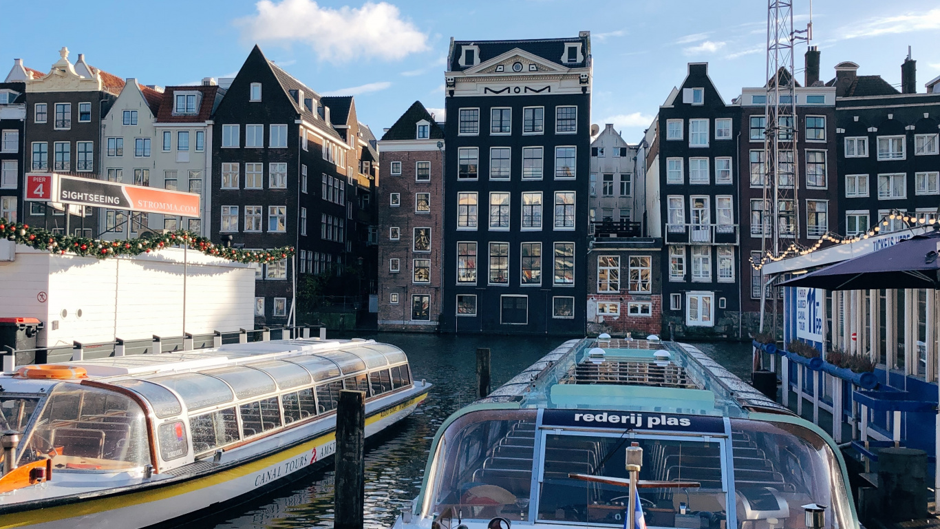 Обои Амстердам, вода, водоем, водный путь, судно в разрешении 1366x768