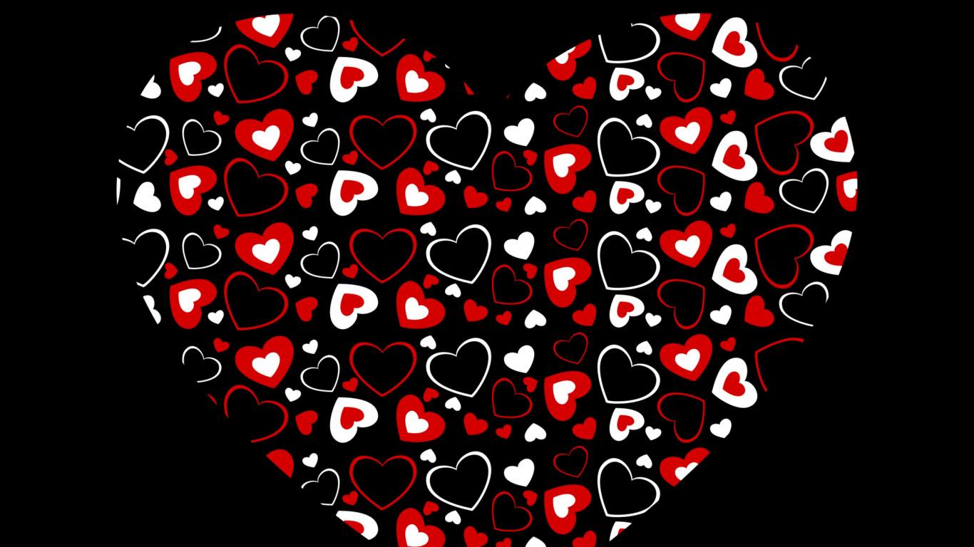 Обои сердце, красный цвет, любовь, узор, дизайн в разрешении 1366x768