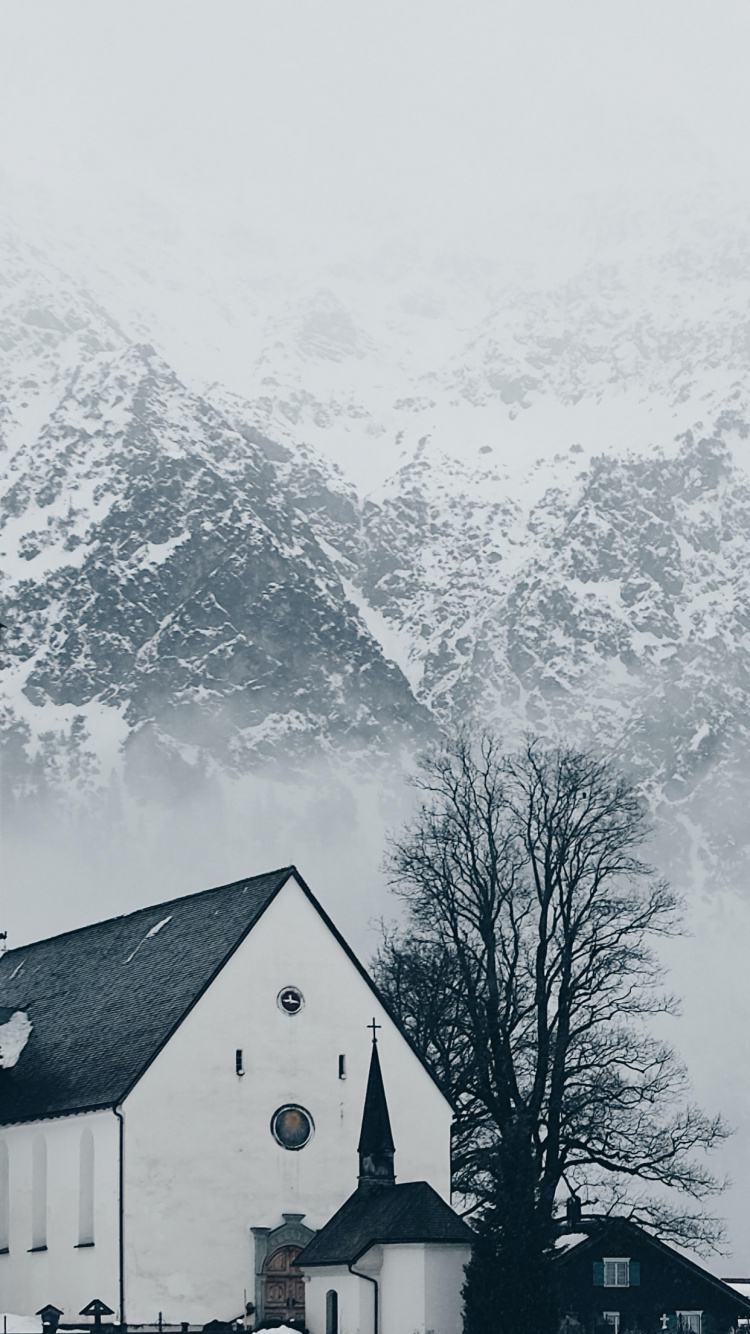 Обои растение, гора, здание, дерево, склон в разрешении 750x1334