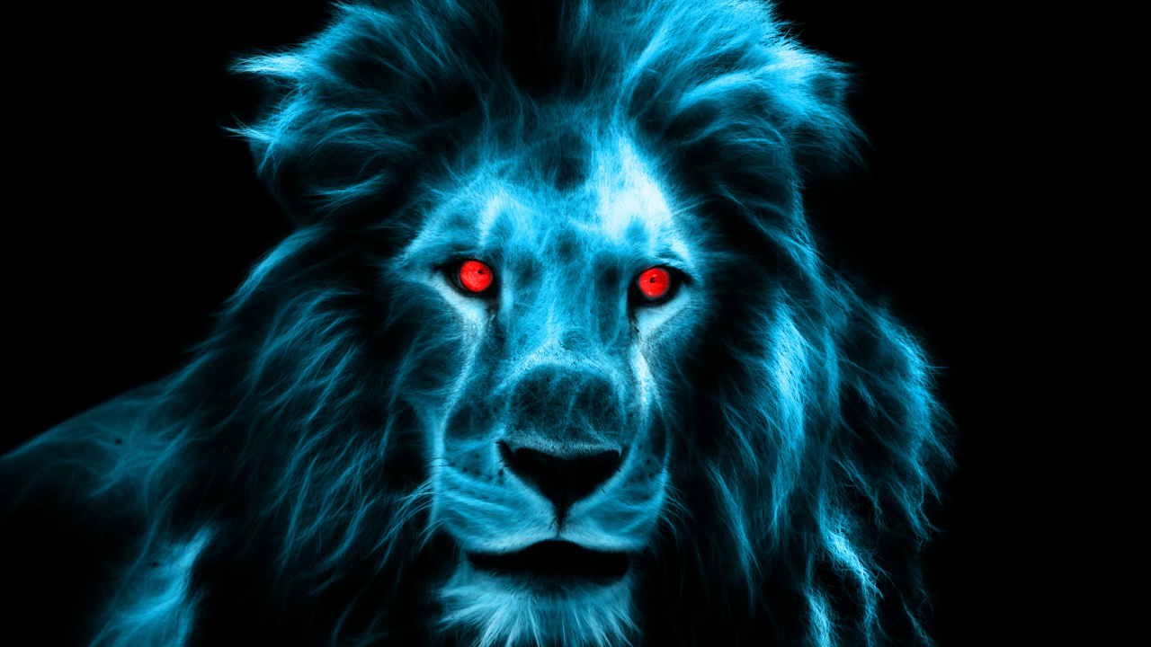 Обои Лев, постер, большая кошка, синий, морда в разрешении 1280x720