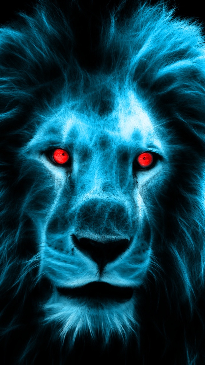 Обои Лев, постер, большая кошка, синий, морда в разрешении 720x1280
