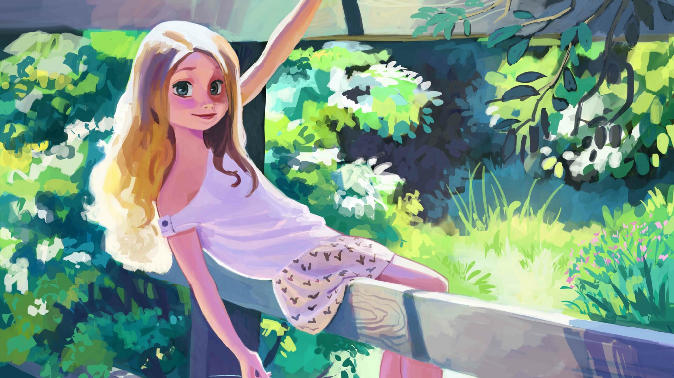 Обои рисование, арт, иллюстрация, длинные волосы, дерево в разрешении 1366x768