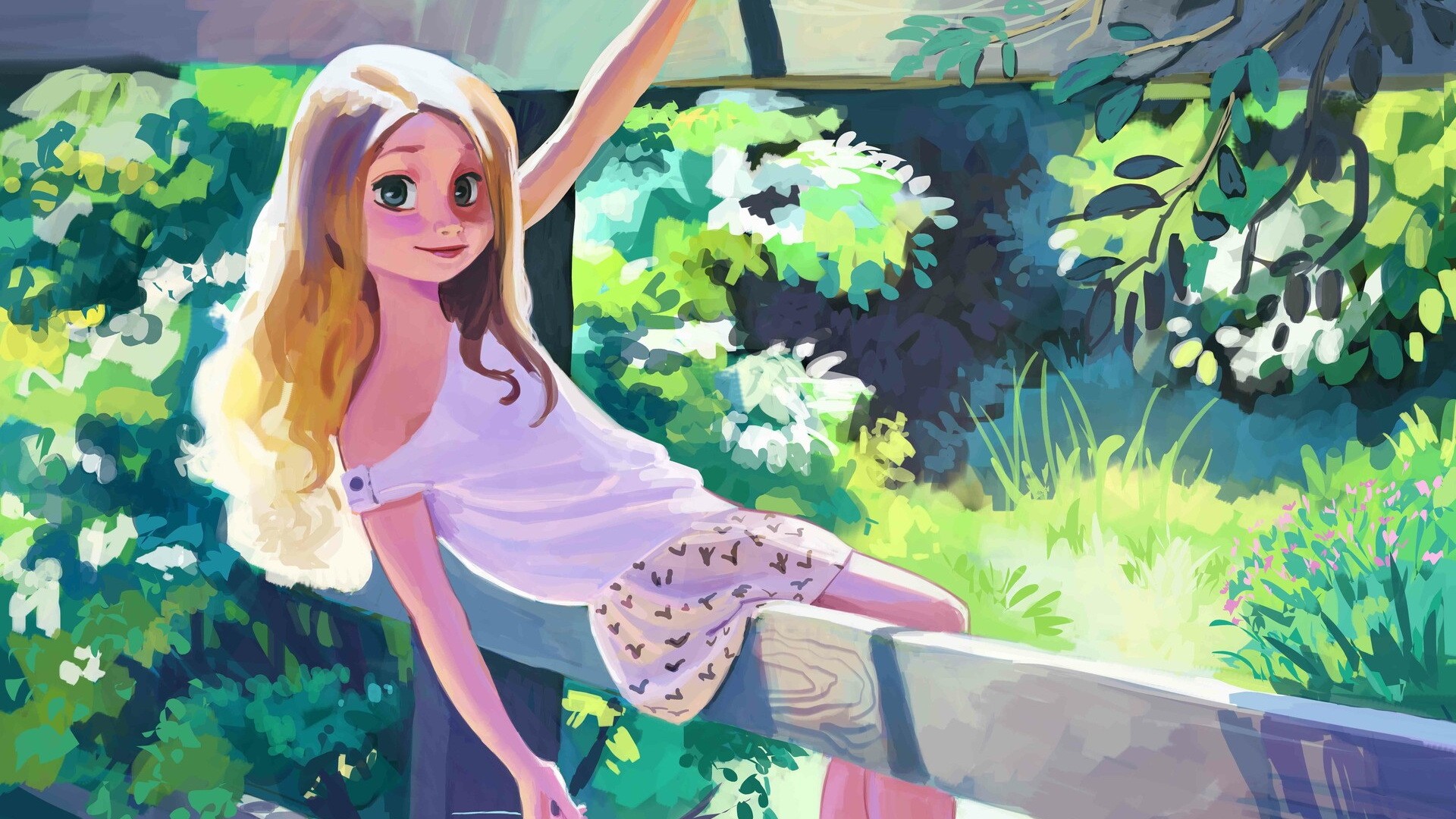 Обои рисование, арт, иллюстрация, длинные волосы, дерево в разрешении 1920x1080