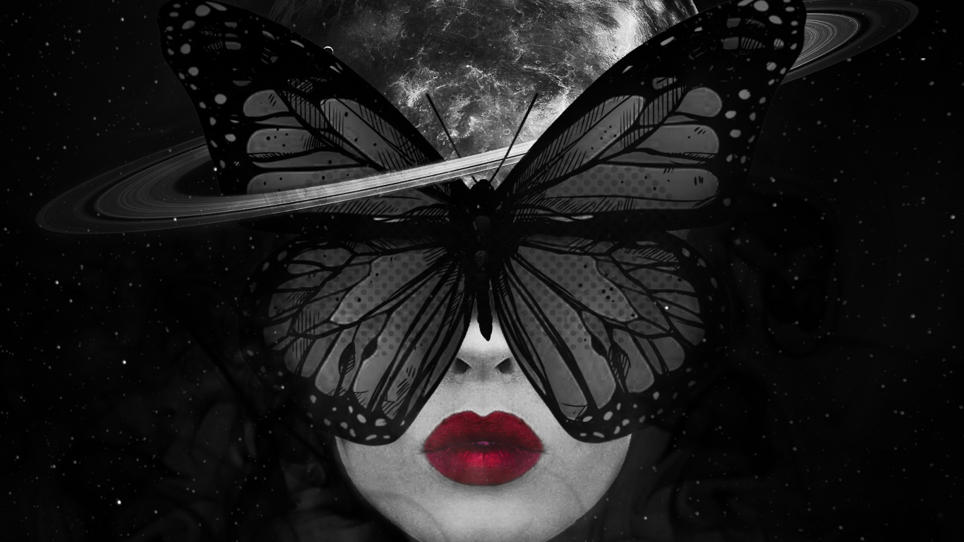 Обои бабочка девушка темная, живопись, арт, астрономический объект, космос в разрешении 1366x768