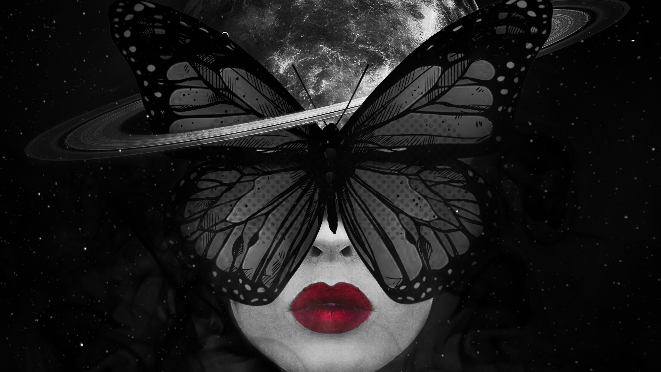 Обои бабочка девушка темная, живопись, арт, астрономический объект, космос в разрешении 2560x1440