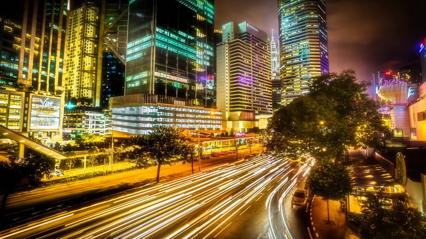 Обои город, ночь, городской пейзаж, метрополия, городской район в разрешении 1366x768