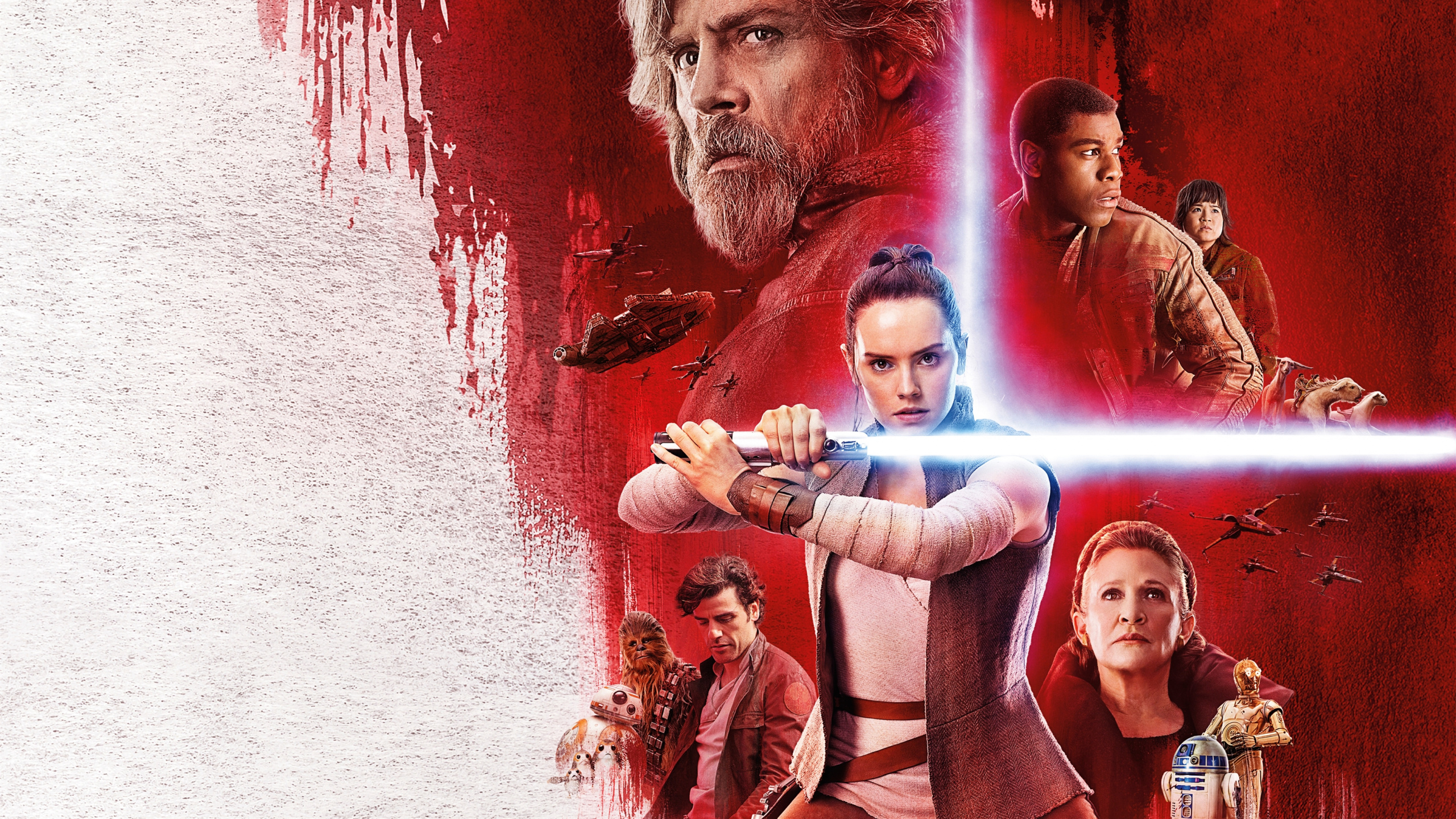 Обои Звездные Войны Последний Джедай, Дэйзи Ридли, Люк Скайуокер, Рей, ББ-8 в разрешении 2560x1440