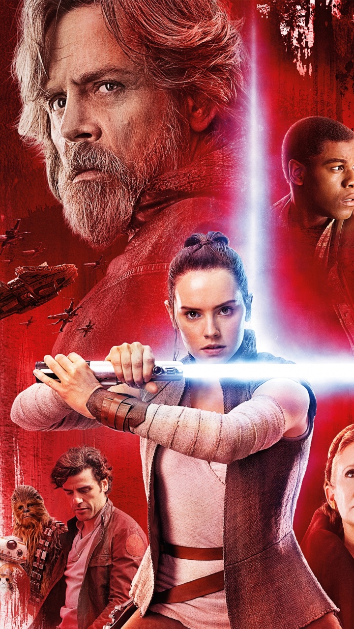 Обои Звездные Войны Последний Джедай, Дэйзи Ридли, Люк Скайуокер, Рей, ББ-8 в разрешении 720x1280