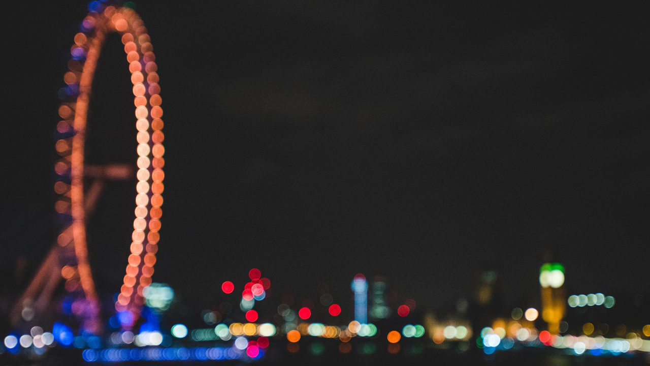 Обои колесо обозрения, ночь, ориентир, свет, городской район в разрешении 1280x720