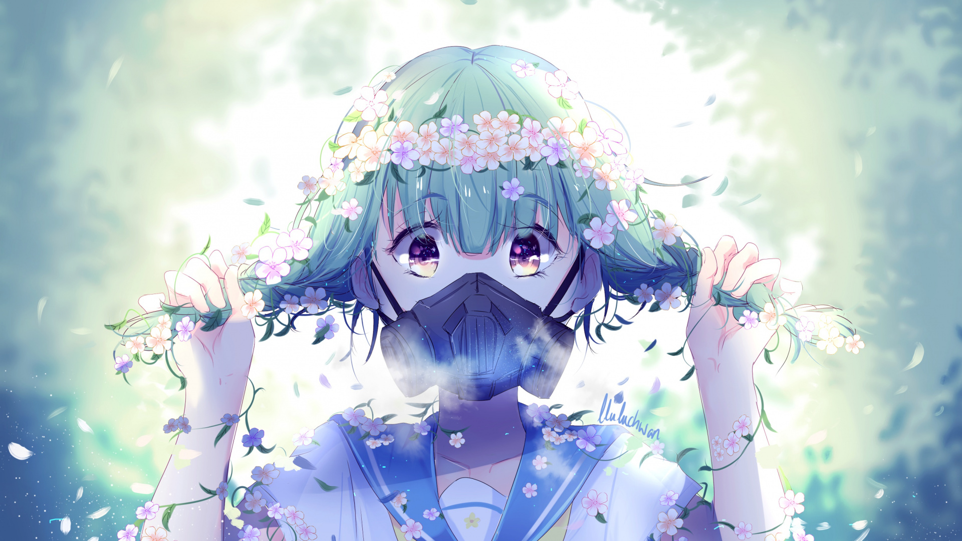 Обои аниме, противогаз, рисование, графика, арт в разрешении 1920x1080