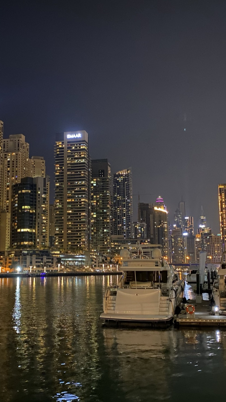 Обои Дубай, Дубай Марина, ночь, башня, метрополия в разрешении 750x1334
