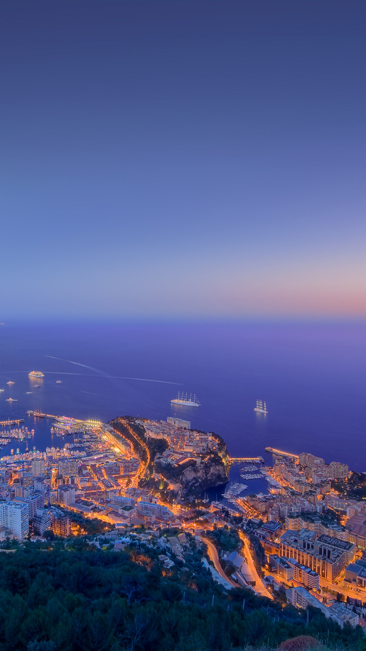 Обои горизонт, море, город, рассвет, мыс в разрешении 750x1334